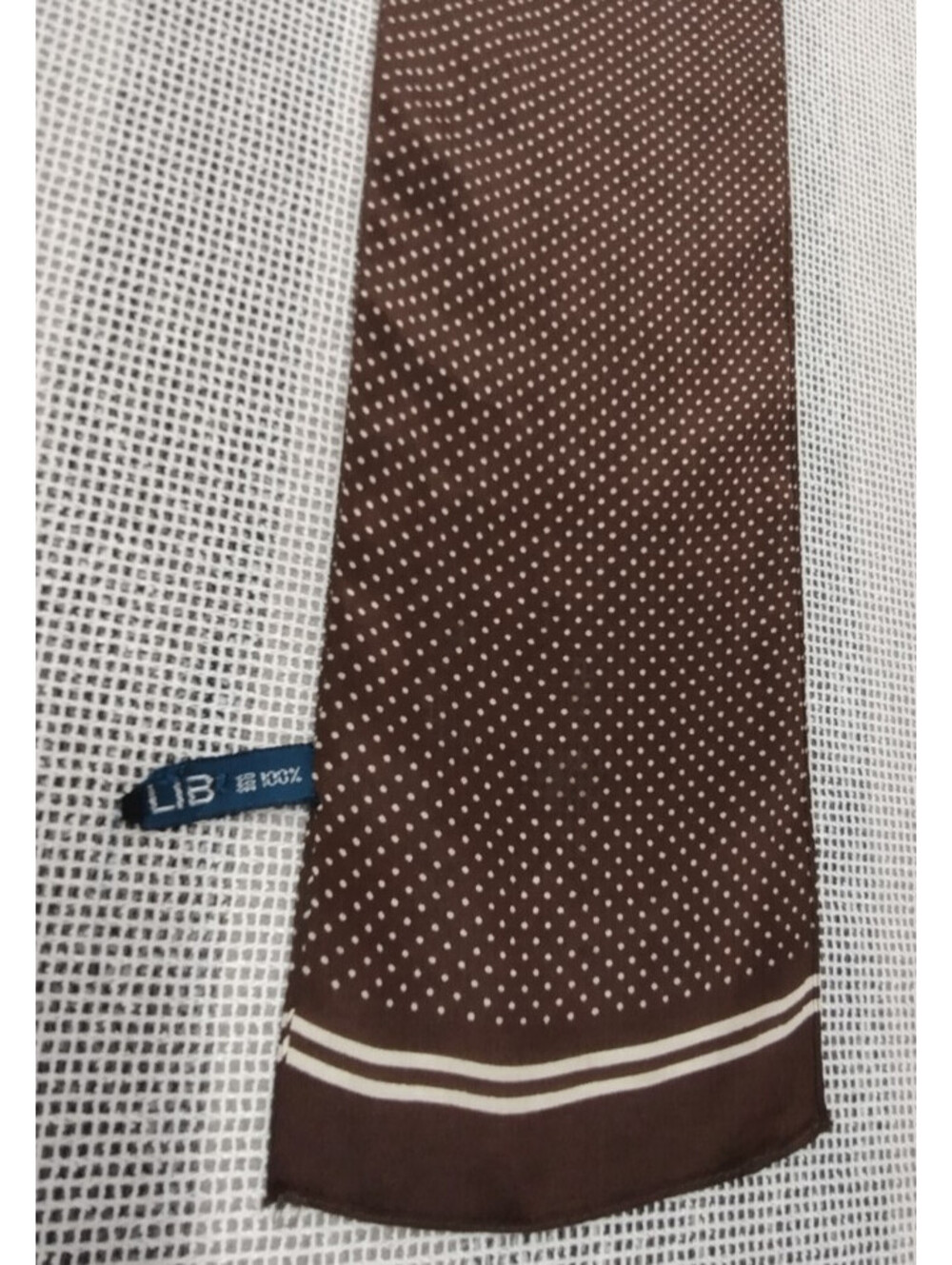 Vintage 1970s 80s Skinny Long Silk Scarf LIB Chocolate Brown Cream Dots Polka